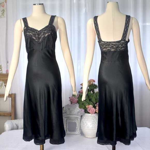 Vintage 1940s 40s Black Silk Slip Dress with Lace Accents S