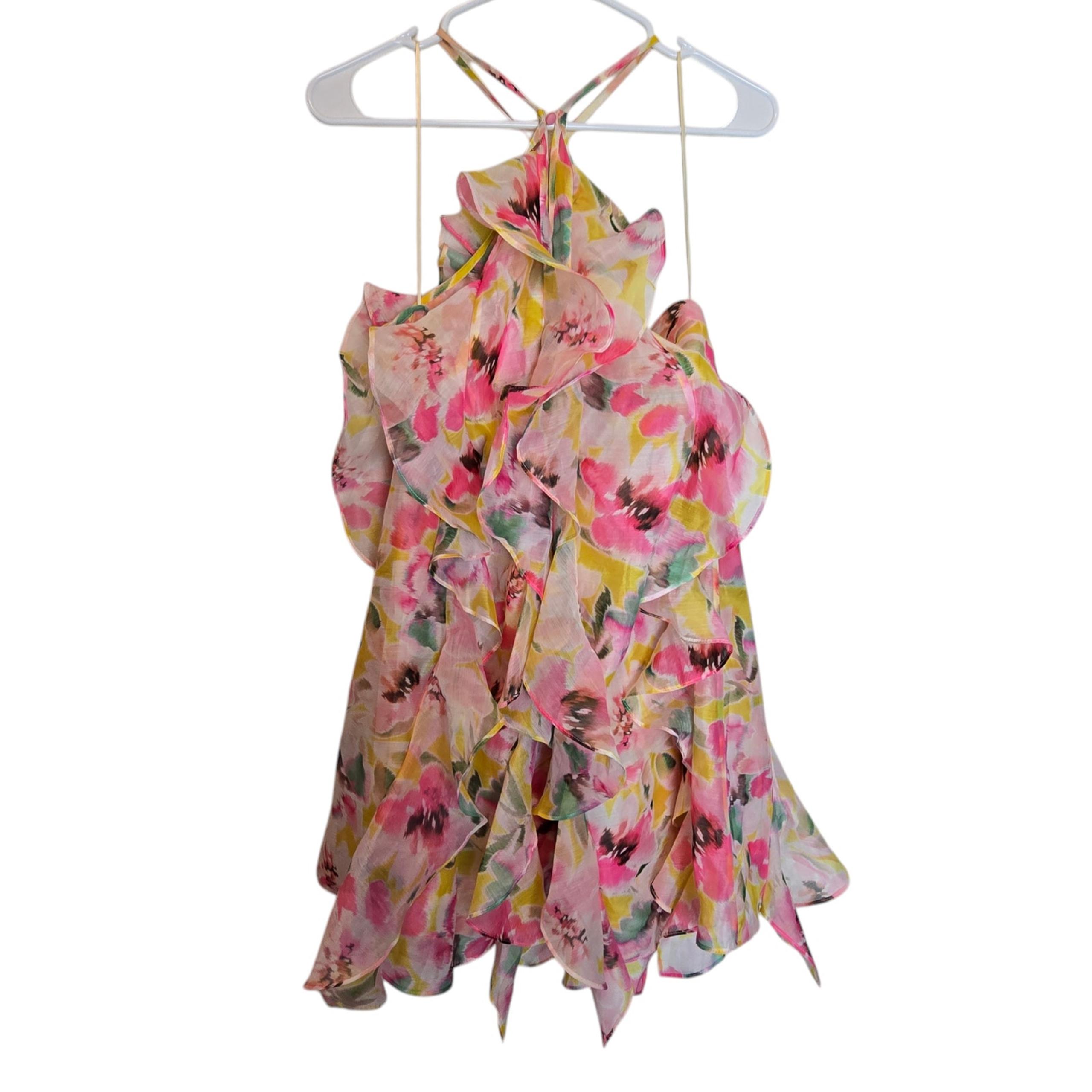 Nwt MISA Miah Floral Chiffon Frilled Halter Mini Dress large