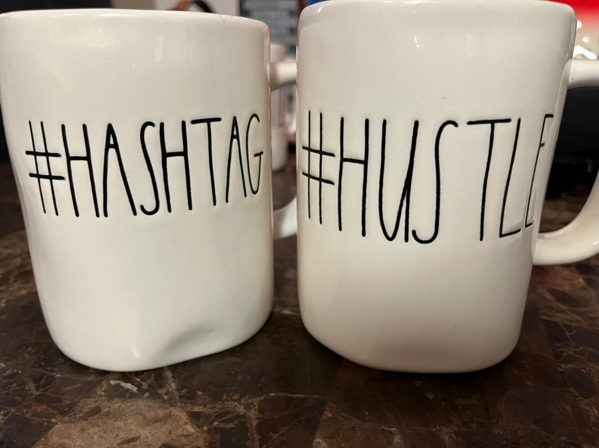 Rae dunn #HUSTLE & discount #HASHTAG MStamped mugs
