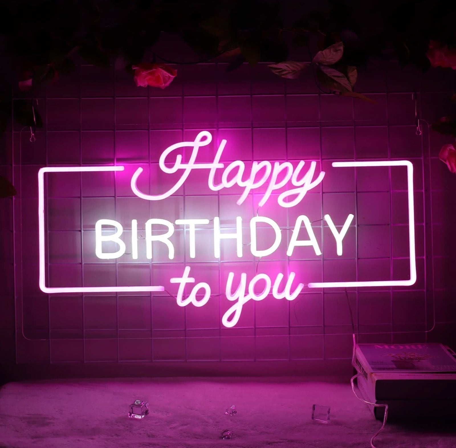 Large Cute Bright Pink Happy Birthday to You LED Light Sign Celebration Decor