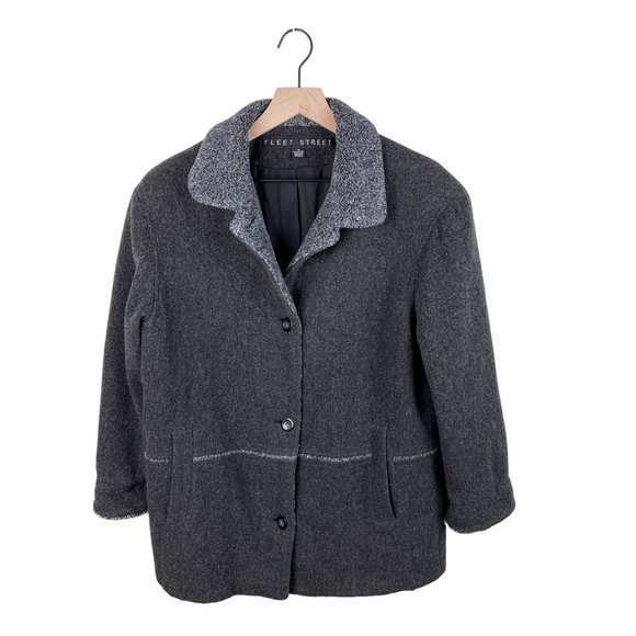 Fleet Street Women's Wool Pea Coat Grey Button Front Faux Sherpa Collar Medium