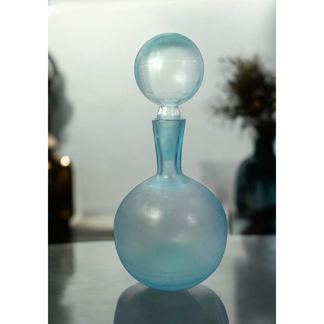 Vintage Glass Decanter Textured w/Rounded Base Round Stopper Blue MCM Large 12”