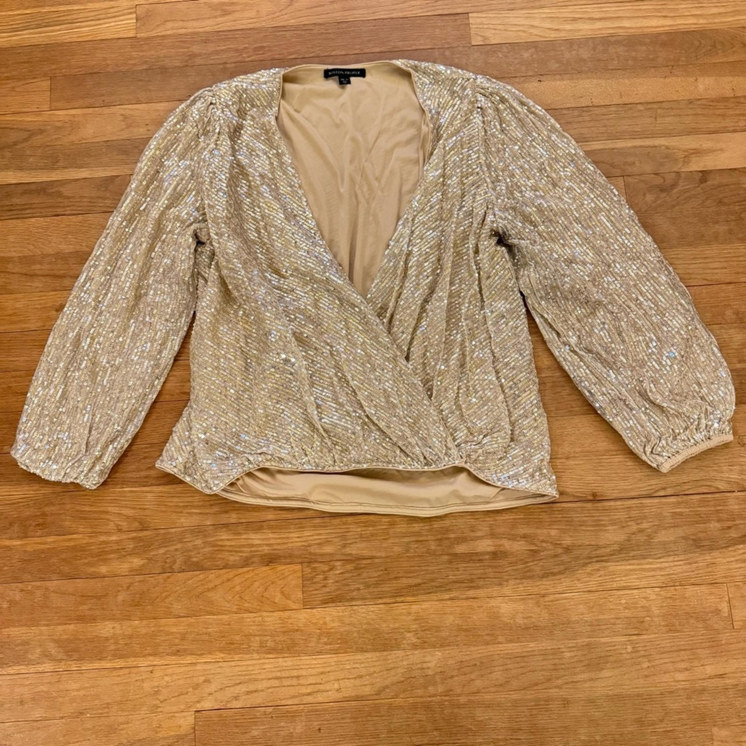 Boston Proper gold sequin long sleeve wrapped blouse shirt top size XL
 b2