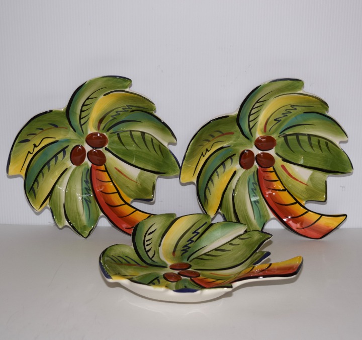 Clay Art Palm Tree Embossed Green Palm Beach Ceramic Dish Bowl 3 Piece