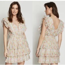 LOVE THE LABEL Ines Floral V-neck Tiered Ruffle Flutter Mini Dress Large