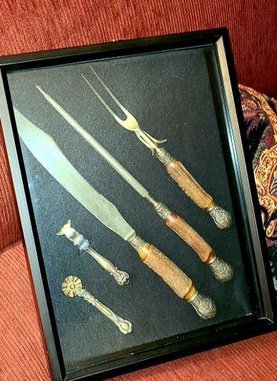 Antique Framed Carving Set-Stag Antler and Silver Handles