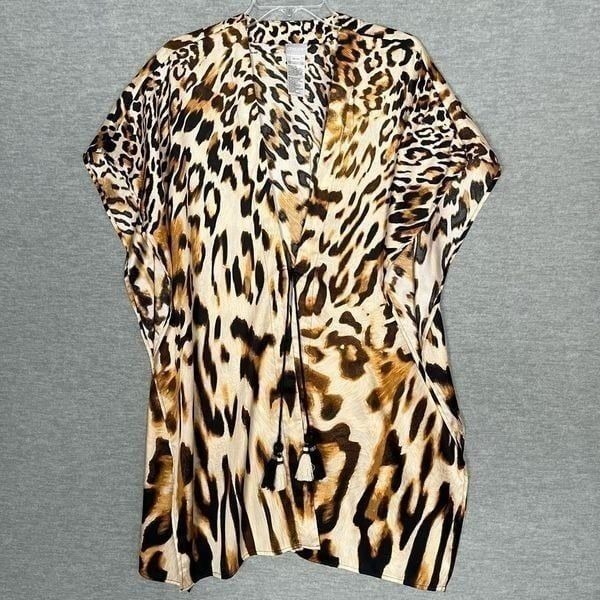 Chico's Animal Print Caftan Women's Small Medium Beaded Tassels Exotic Mob Wife