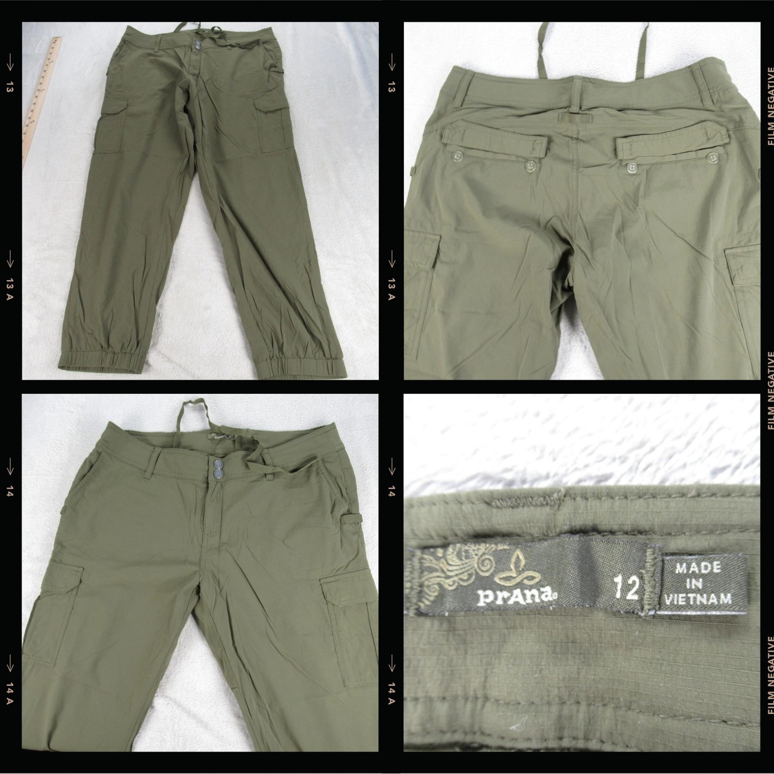 Prana Pants Womens 12 Green Zip Fly Drawstring Waist Cargo Jogger Ripstop Hiking