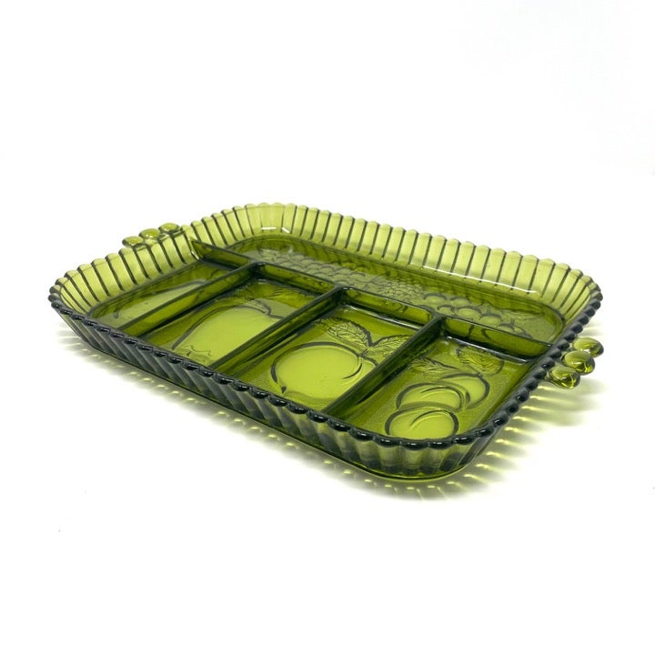 Vintage Indiana Green Glass 5 Part Divided Relish Dish/Platter Embossed Fruit