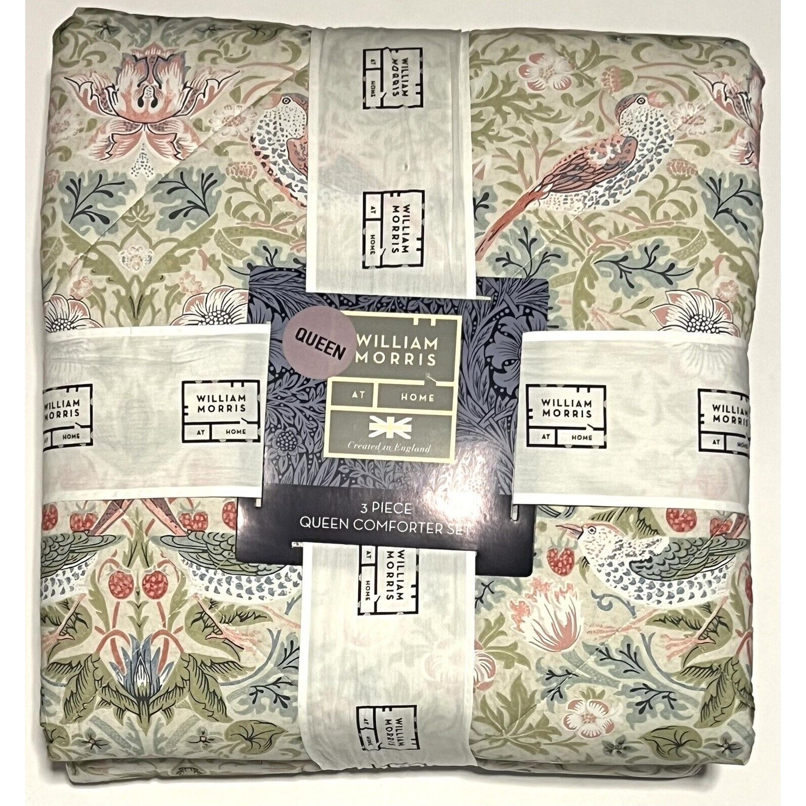 WILLIAM MORRIS Strawberry Thief SUMMER QUEEN Comforter Shams SET OF 3 PCS NIP