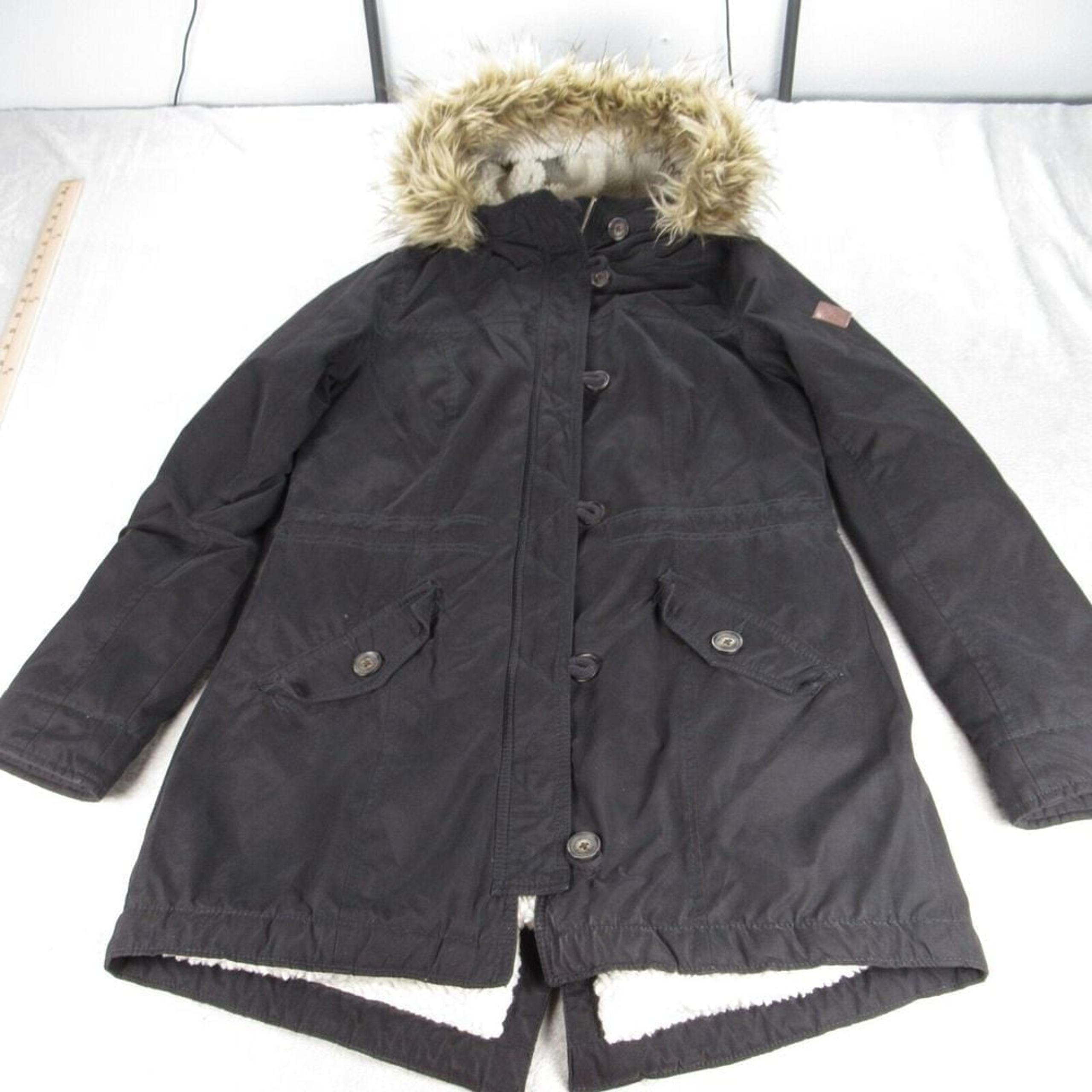 Hollister Jacket Womens Large Black Faux Fur Hood Trim Sherpa Lined Parka