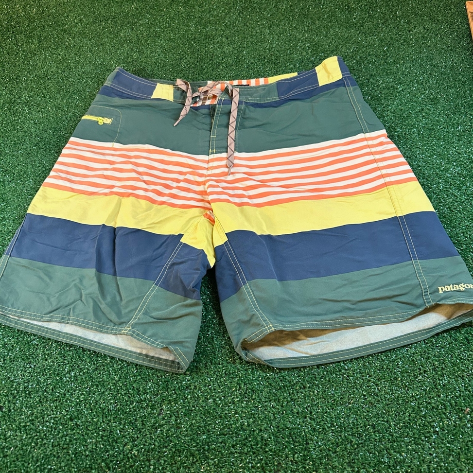 Patagonia Striped Board Shorts Swim Trunk Beach Surf Green Orange Yellow Mens 34