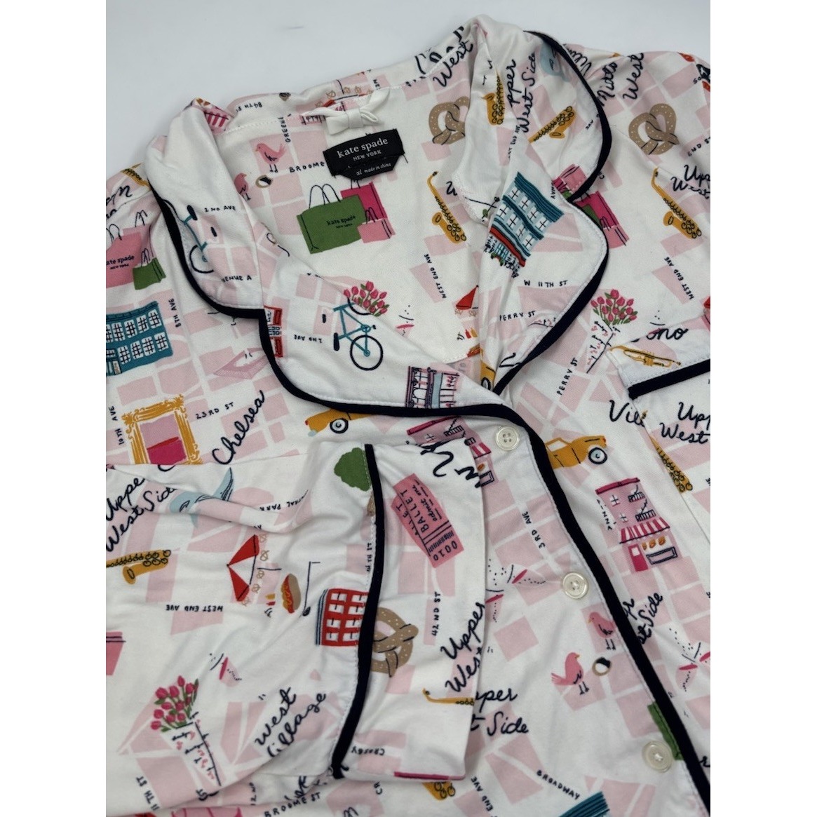 Kate Spade Women's XL White Graphic Polyester Button Down Pajama Shirt