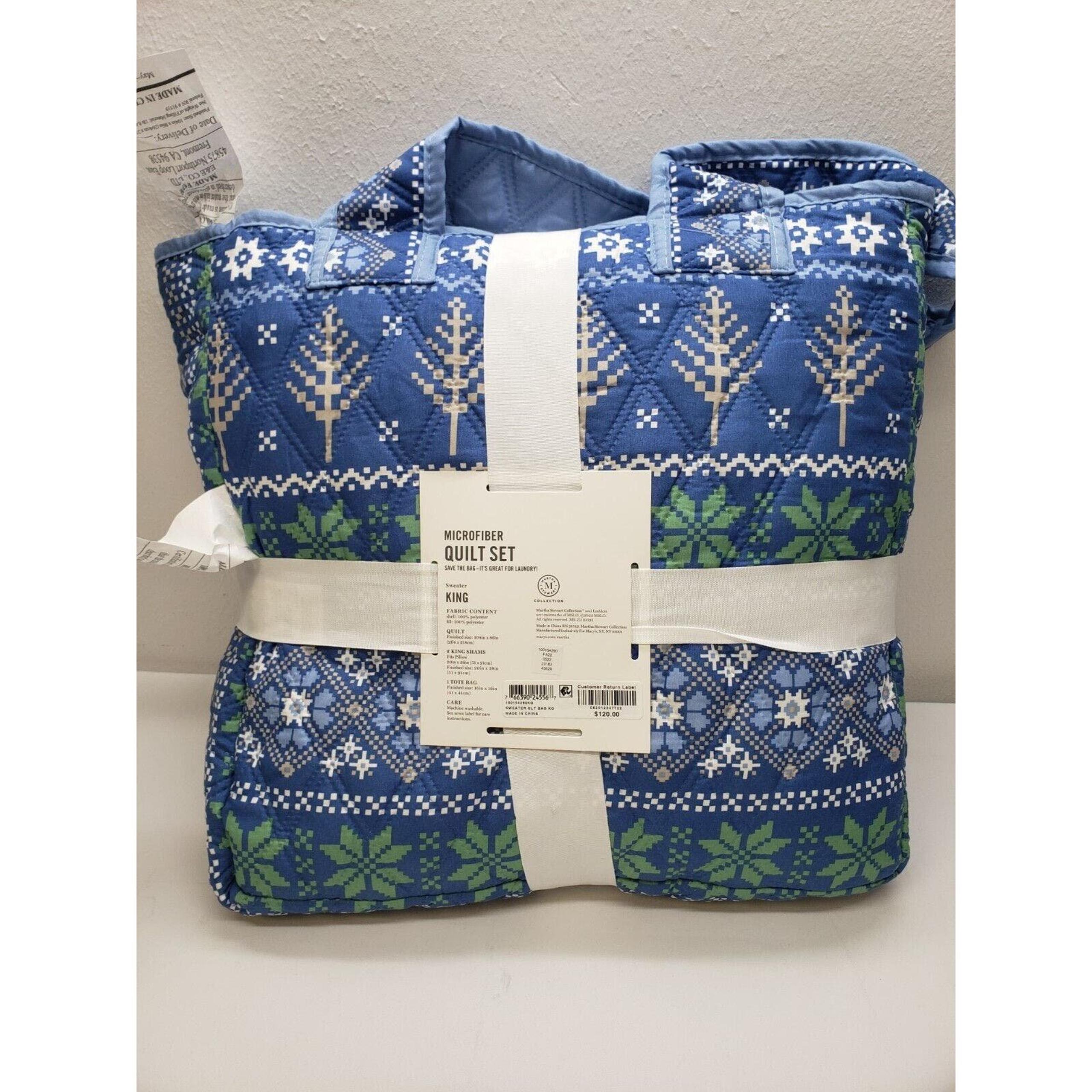 MARTHA STEWART Collection Blue Sweater KING Quilt Shams Tote Bag Set NWT