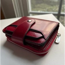 Women's Red Leather Wallet RFID Blocking Zipper Pocket Card Case