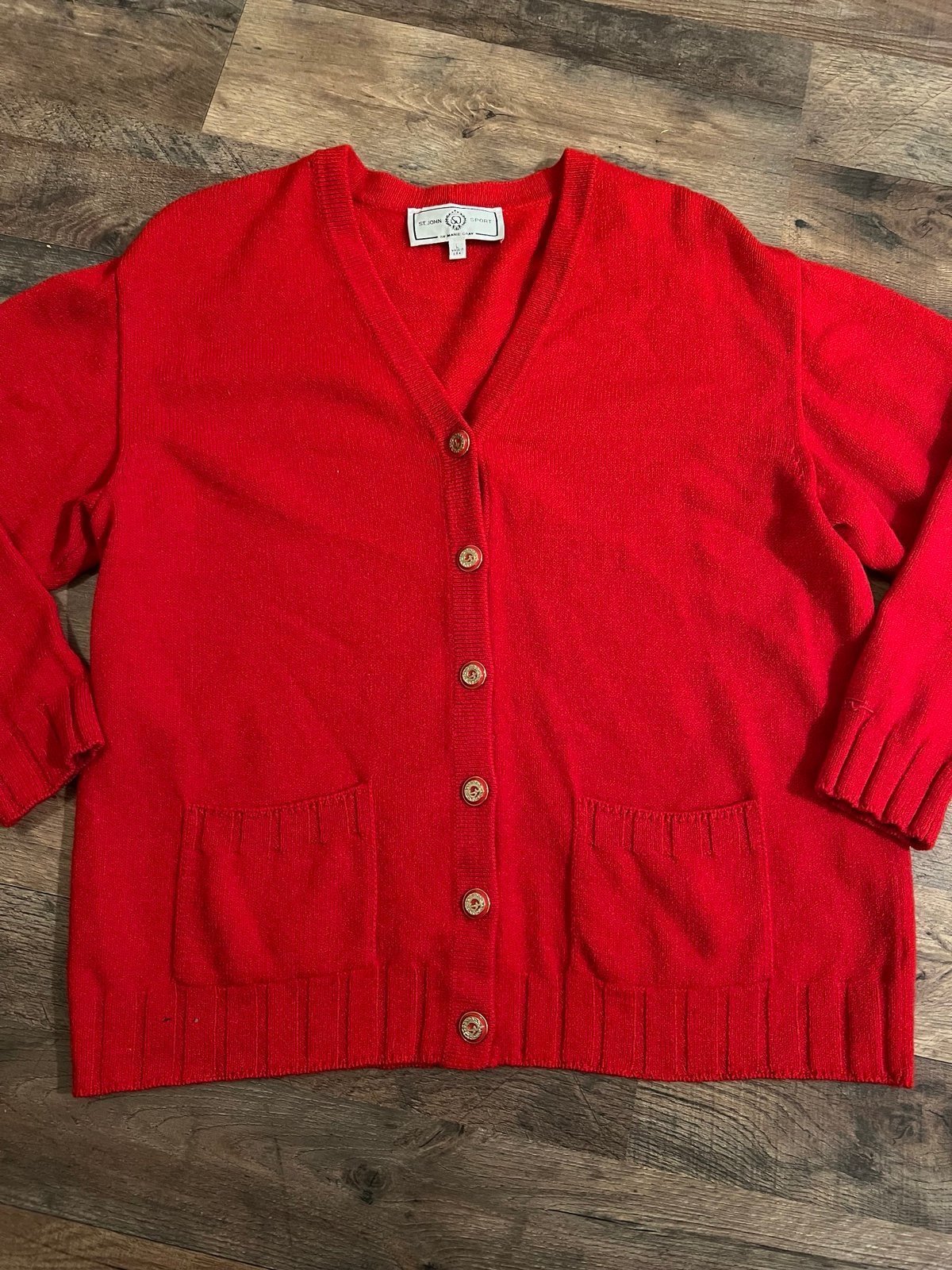 St John Sport Marie Grey button Front Sweater- sleeve embroidery- large