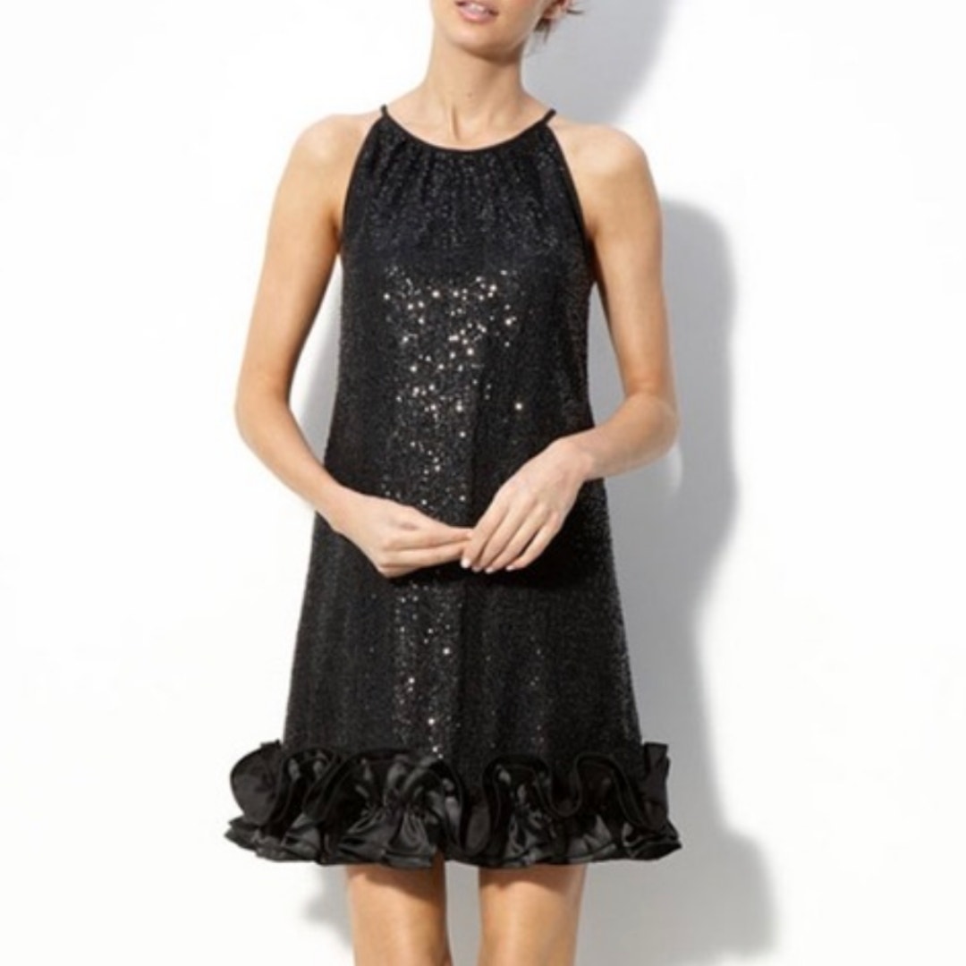 Love, Carmen Black Sequin Ruffle Dress Short Mini 0