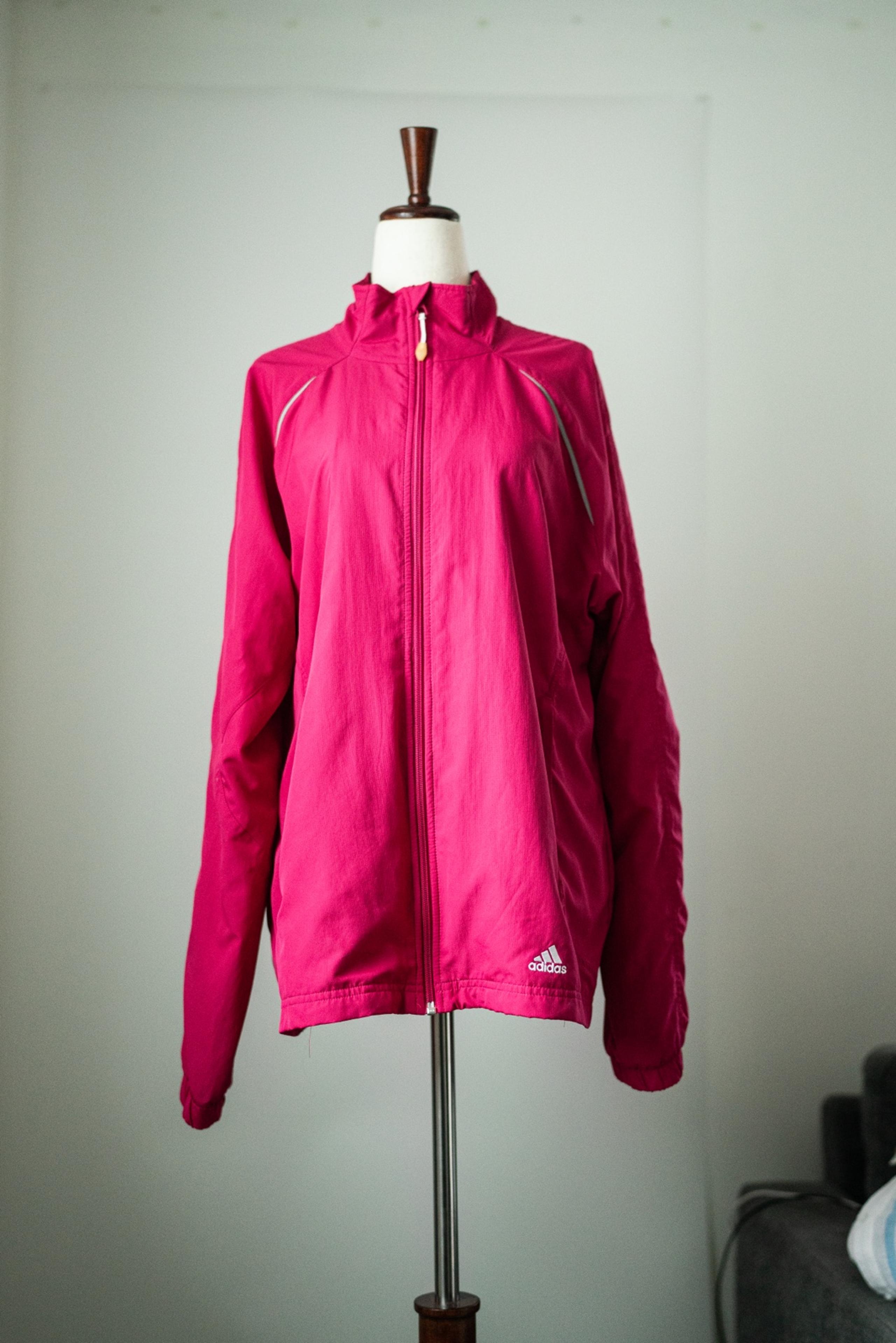 Adidas Women Windbreaker Zip Jacket Pink & White Stripe XL Zip Pockets