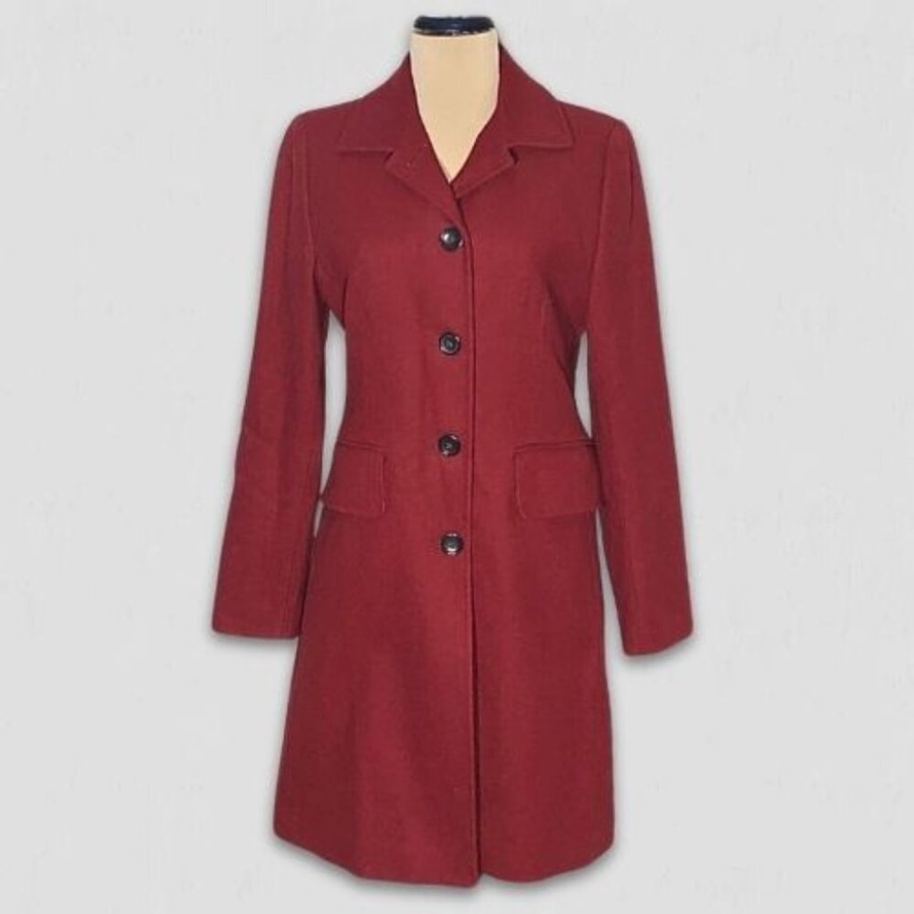 Banana Republic Factory Wool Blend Long Pea Coat Fully Lined Red Burgundy Sz XS