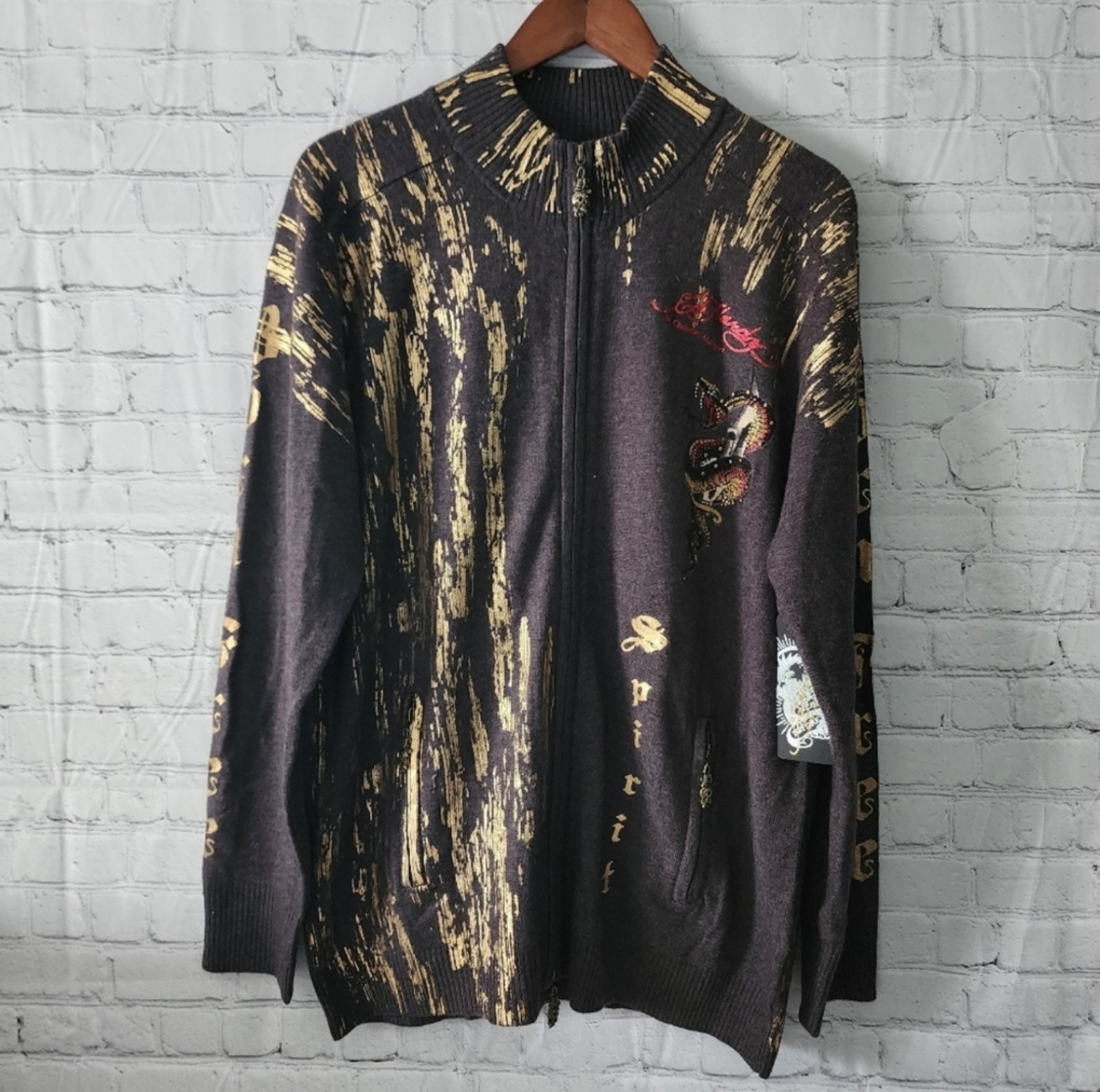 Von Dutch Embellished Dragon Zip Up Wool Blend Cardigan Sweater Gray Gold Foil