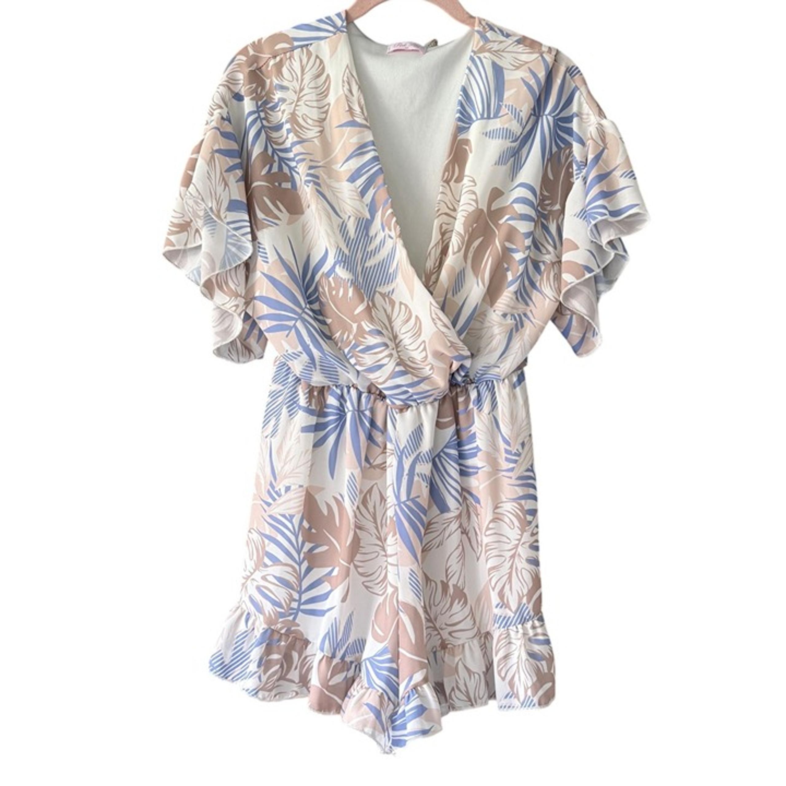 Pink Lily Tropical Short Ruffle Sleeve Romper VNeck Elastic Waist Women M Beachy