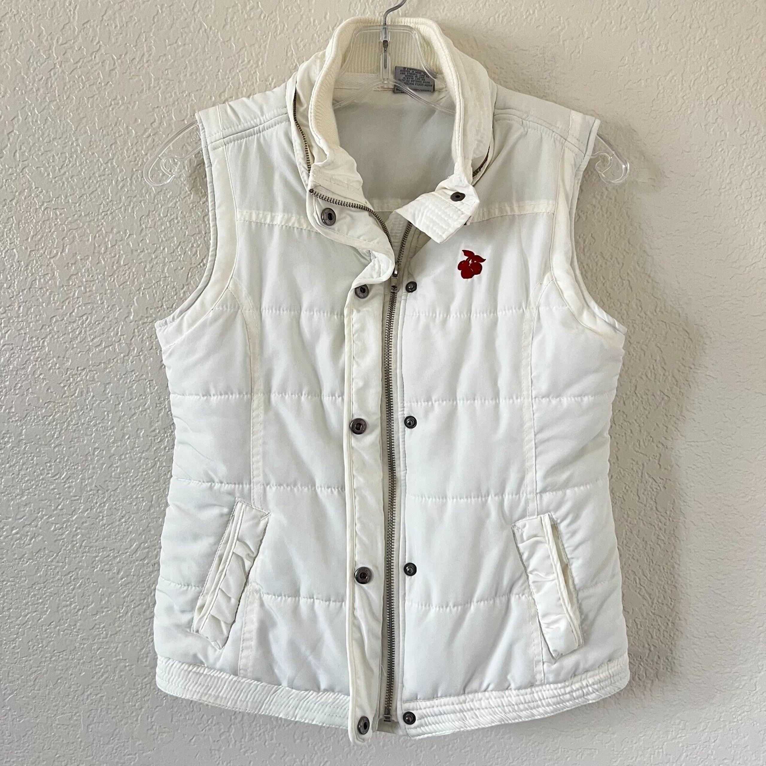 Y2K Womens Cherry Embroidered Streetwear Hip Hop White Puffer Vest S