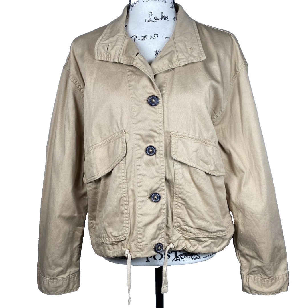 Bagatelle Collection Sz S Cropped Utility Jacket Cream Snap Pockets Drawstring