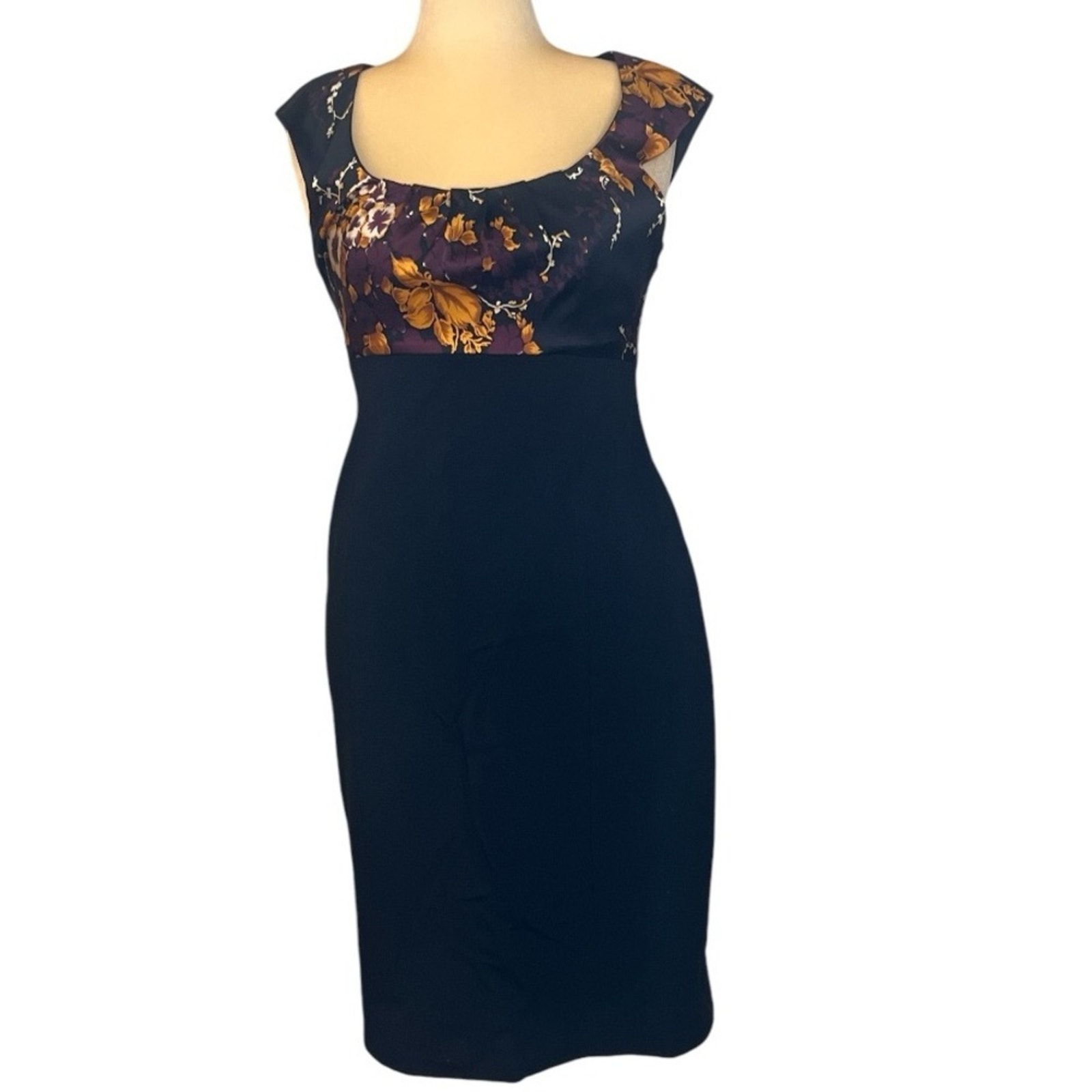 Elie Tahari Silk/Elastane Floral Black/Maroon/Gold Scoop Neck Sheath Dress-12