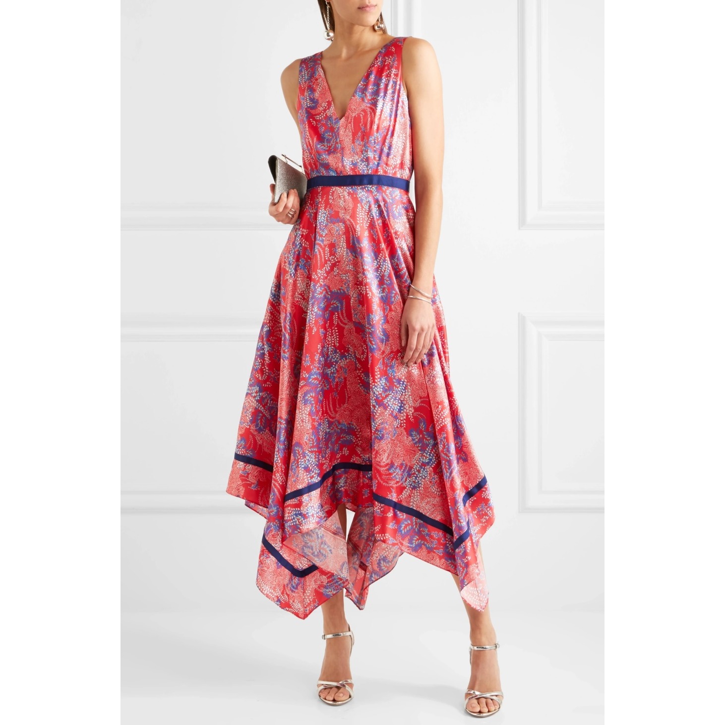 Saloni Zuri Silk Midi Dress Size 10 Pink Floral Handkerchief Hem Boho Glam Red