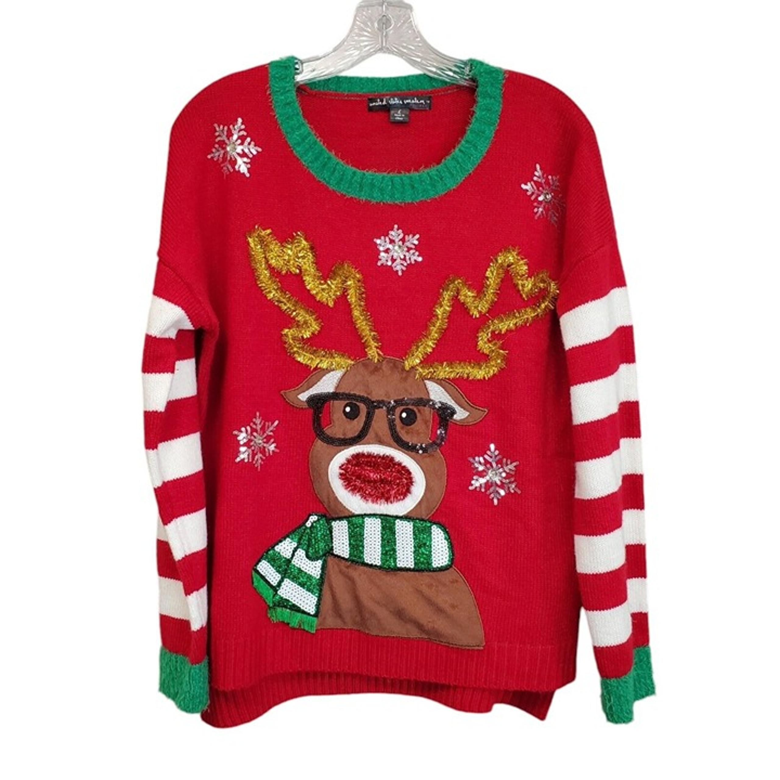 United States Sweaters Womens Large Ugly Christmas Party Rudolph Glasses Holiday