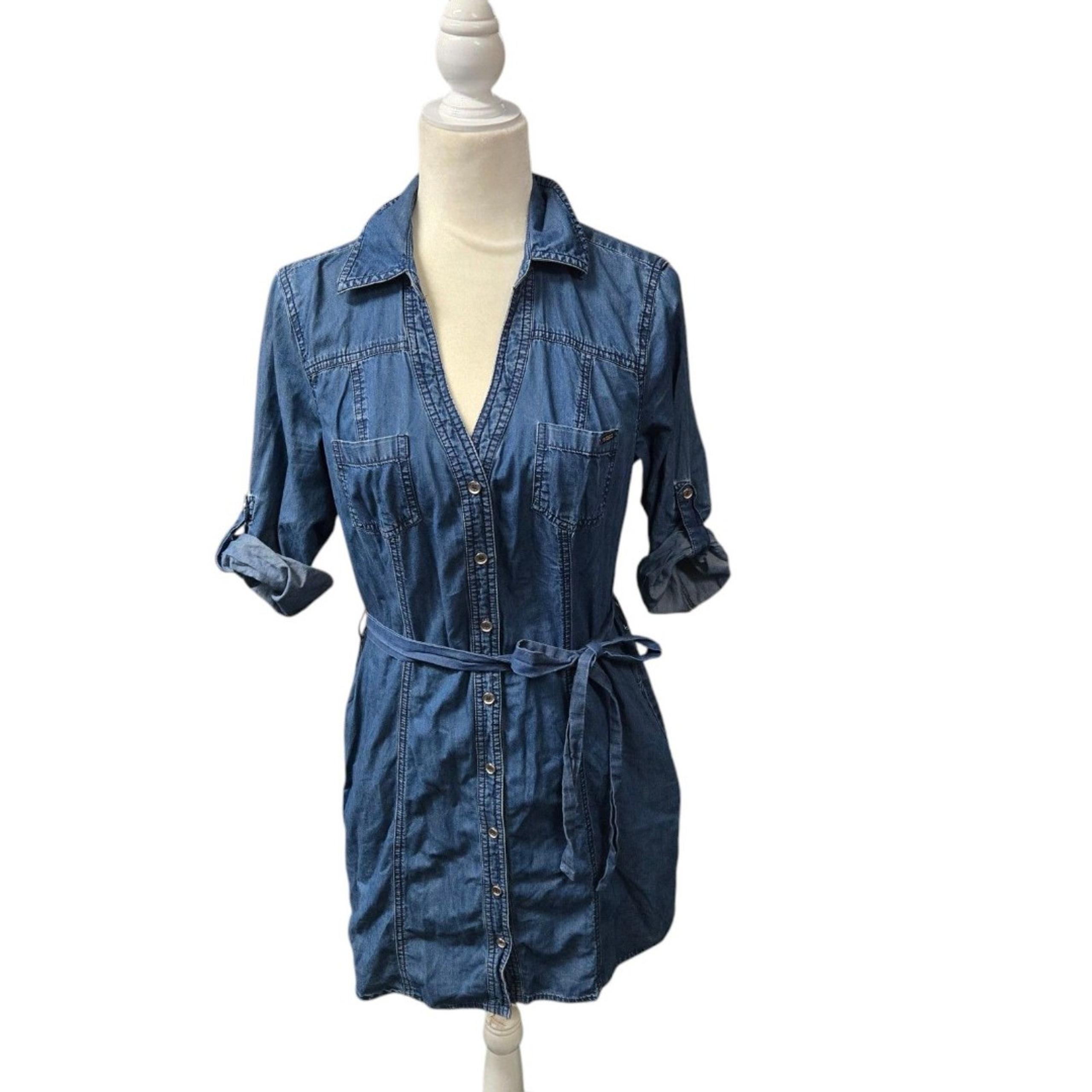 Guess Womens Button Down Roll Tab Sleeves Blue jean Midi Dress Size Medium
