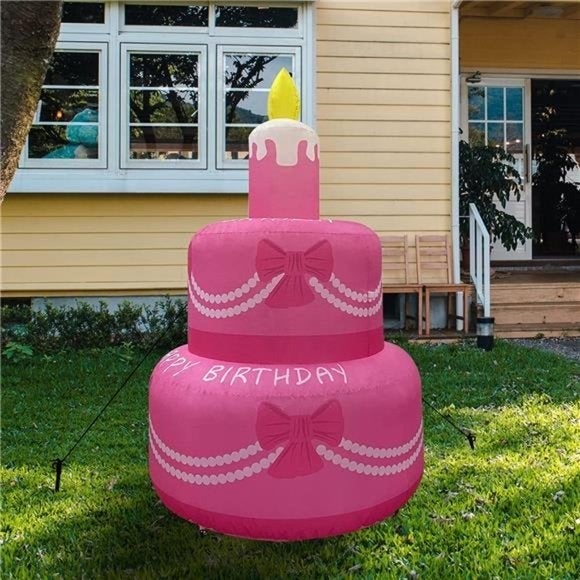 6.8 FT Height Birthday Inflatables Outdoor Happy Birthday Cake with Candles Pink