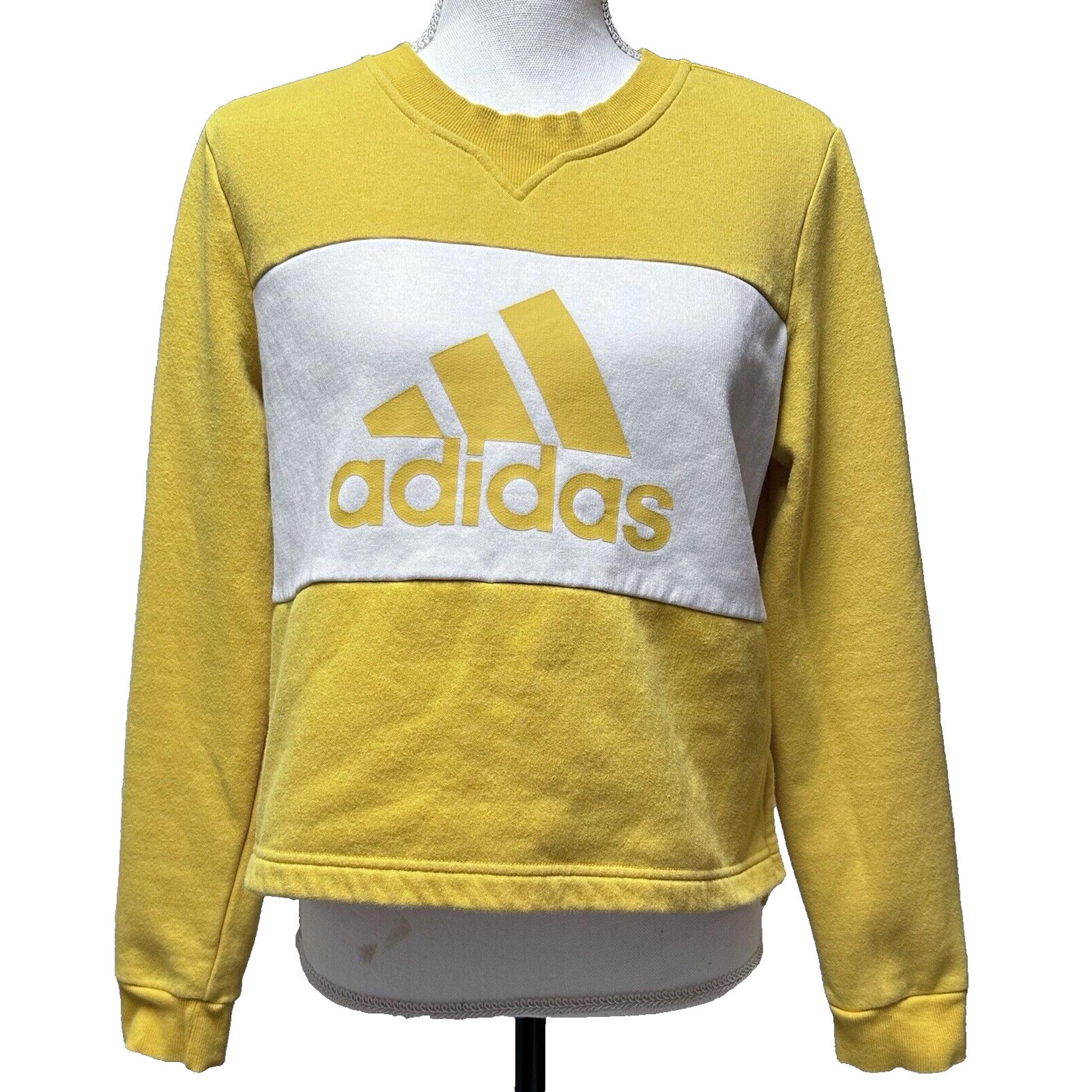 Adidas Womens sz M Yellow Crop Graphic Sweatshirt Striped Logo Top VTG inspired