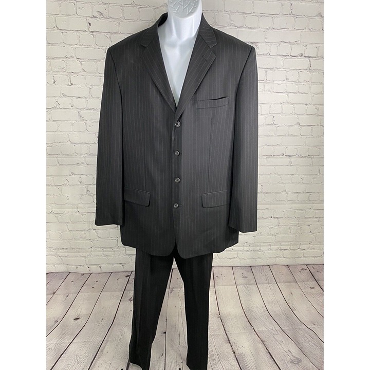 Linea Uomo Black Striped 100% Wool Two Piece Suit Jacket 43L Pants (37 x 31.5)