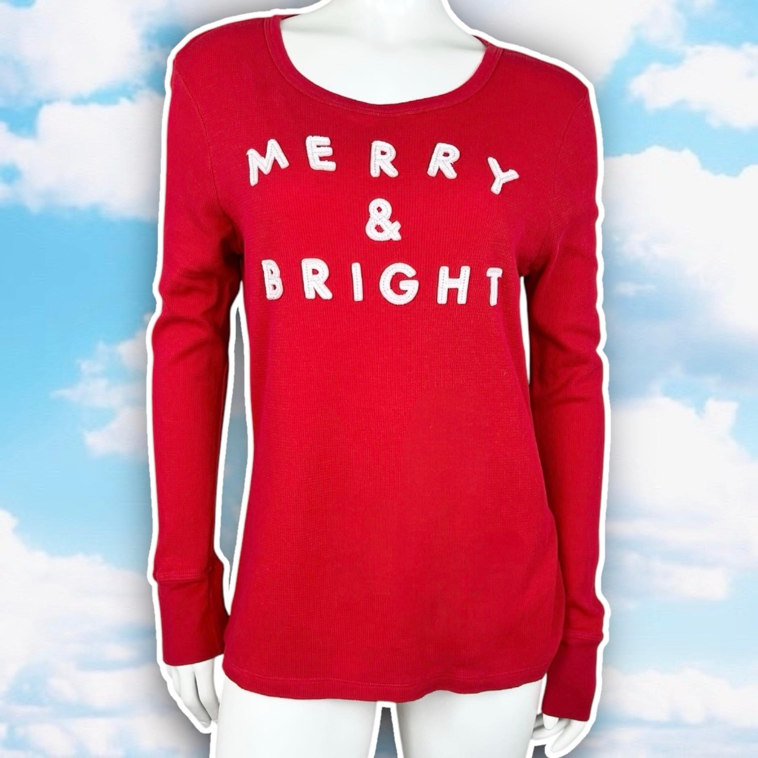 OLD NAVY Merry and Bright 3D Spellout Waffle Knit Thermal Top Christmas Holiday