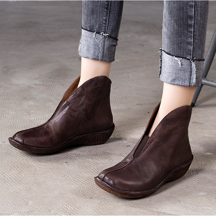 Leather Short Boots, Brown Handmade Booties, Women Retro Ankle Boots