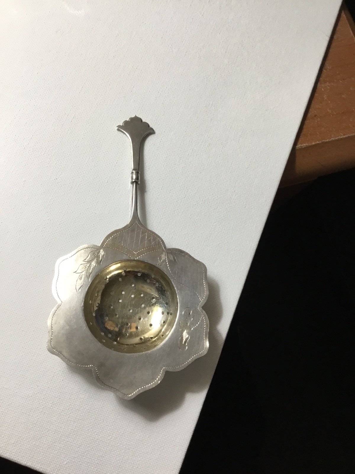 Silver Russian tea strainer marked 84