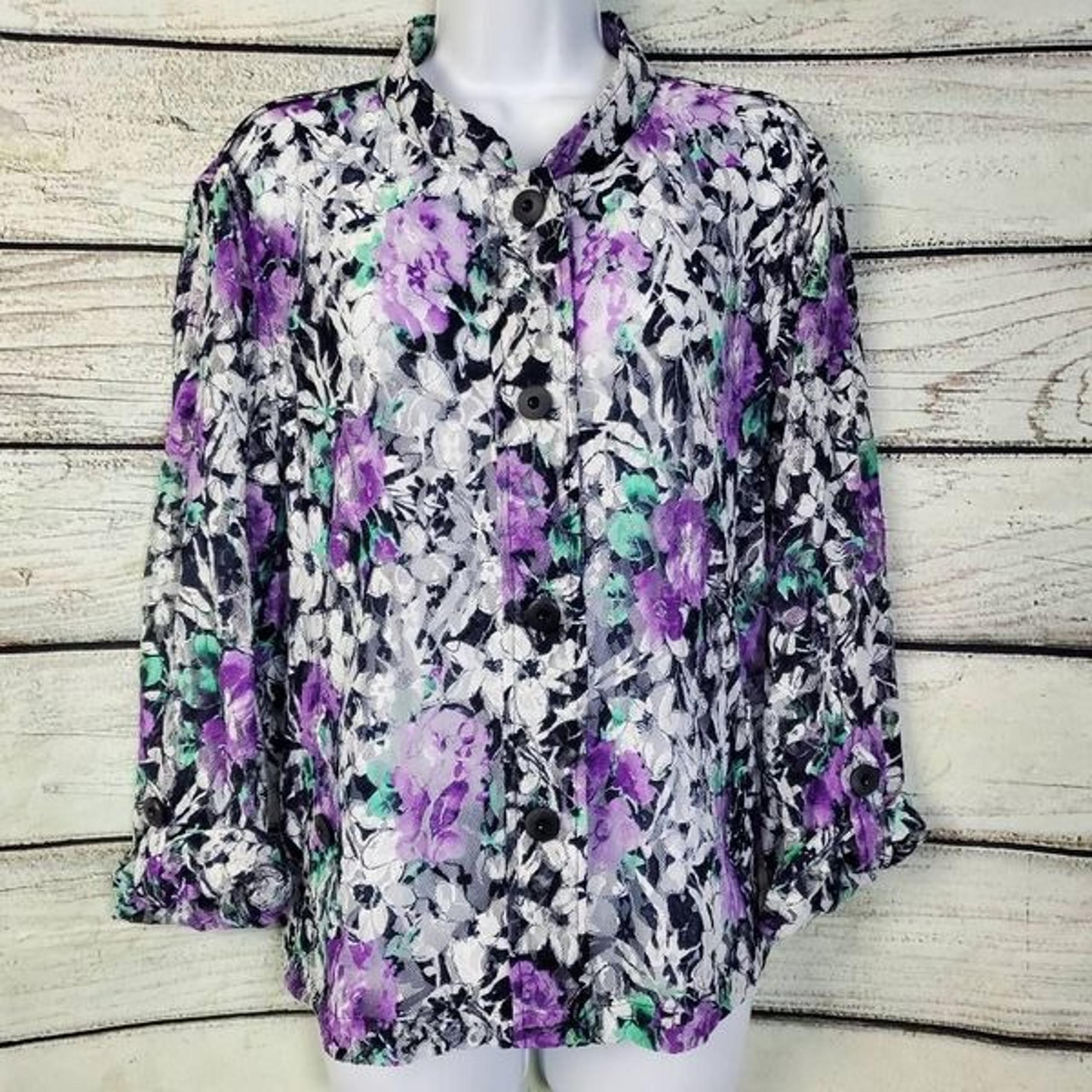 Christopher & Banks XL Purple Floral Lace Button Front Blouse Sheer Lightweight