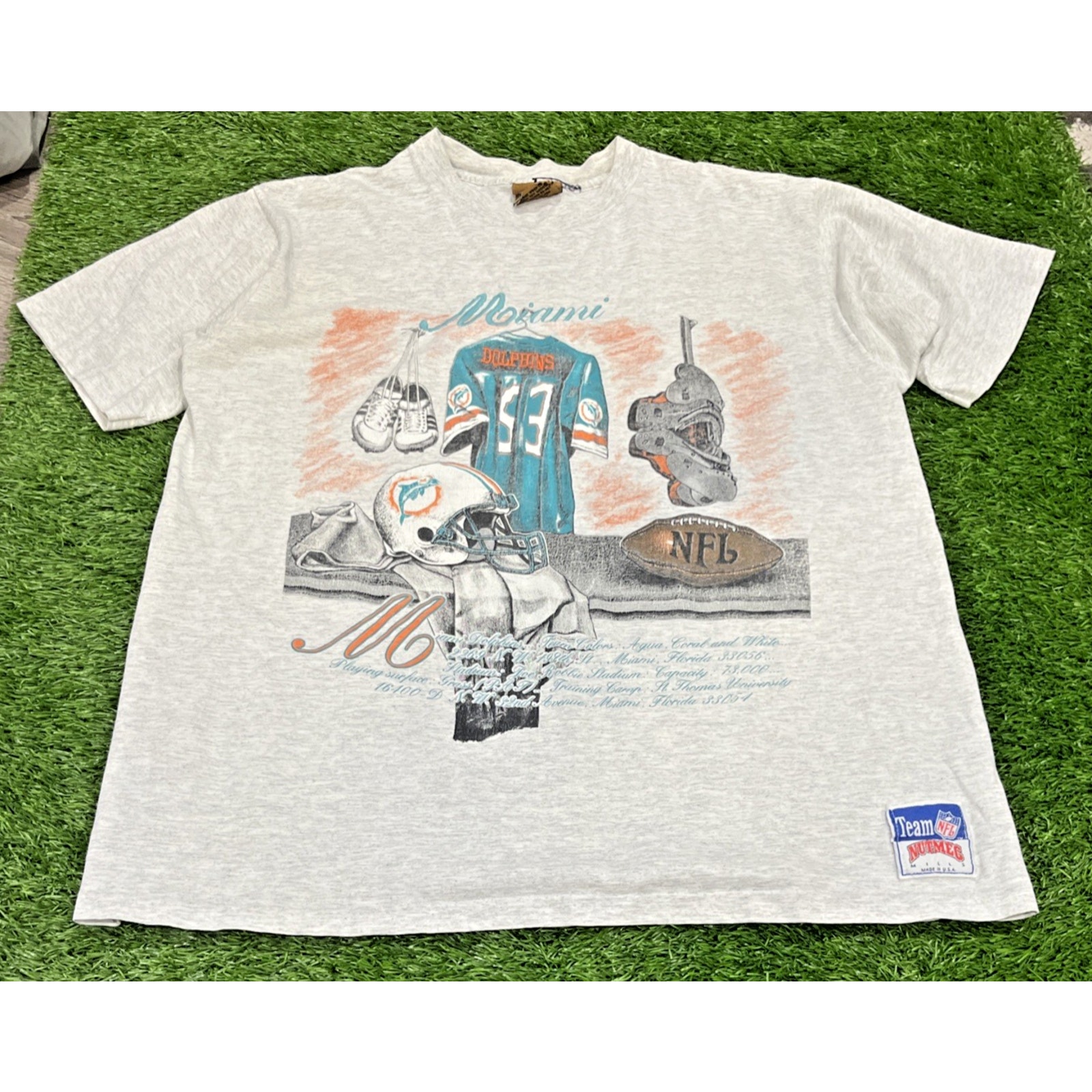 NUTMEG MIAMI DOLPHINS LOCKER ROOM CLASSIC VINTAGE T-SHIRT Single Stitch LARGE