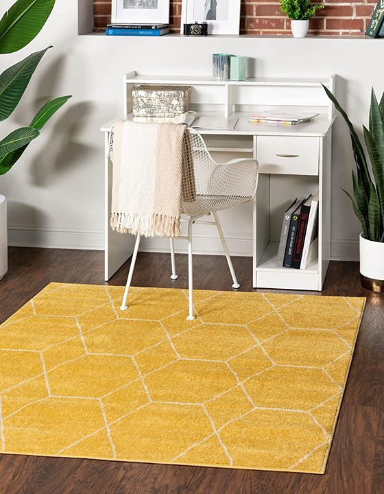 4x4 Feet Yellow Ivory Trellis Geometric Modern Square Area Rug