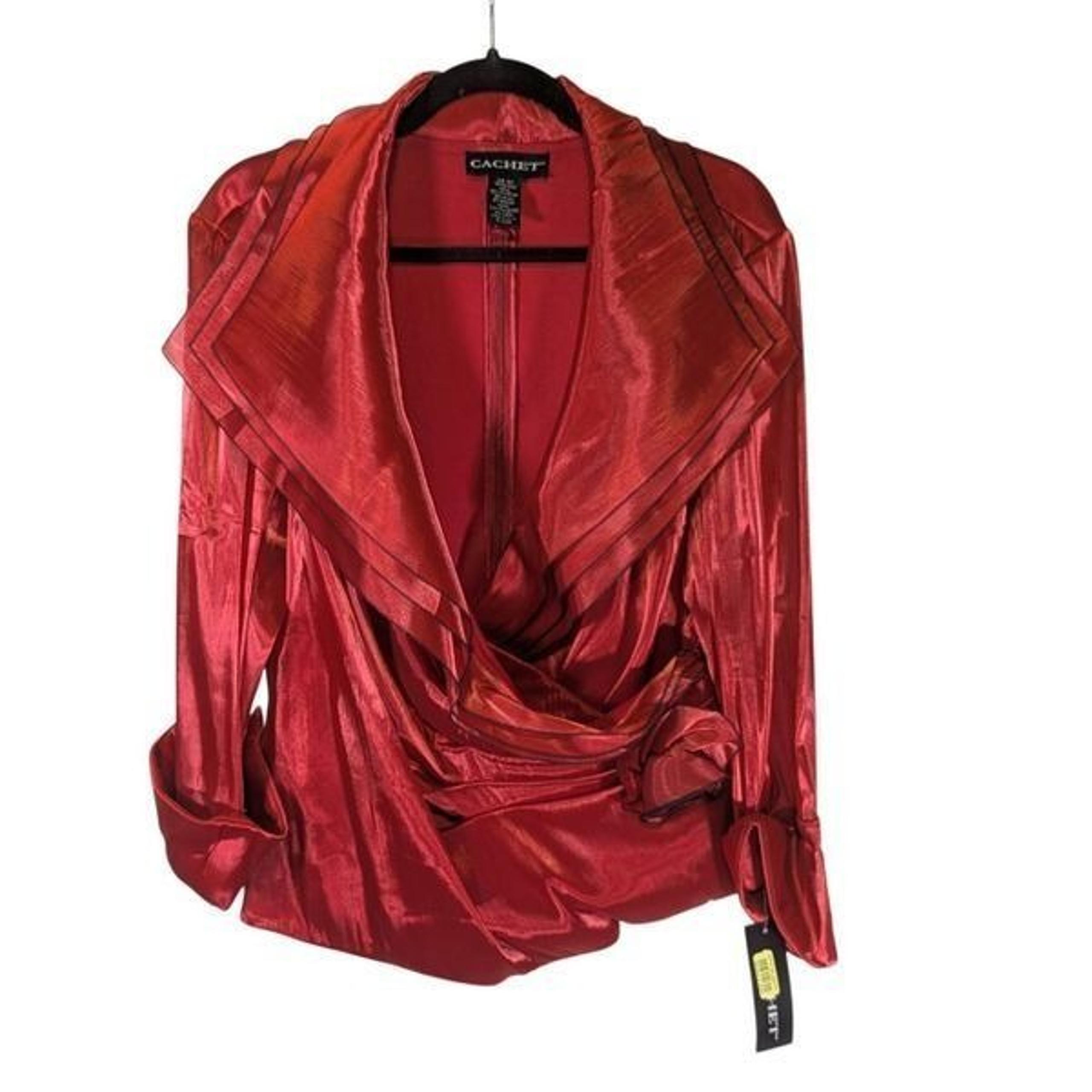NWT Cachet Red Faux Wrap Rouche Formal Silky Blouse Satin Feel Hidden full lengt
