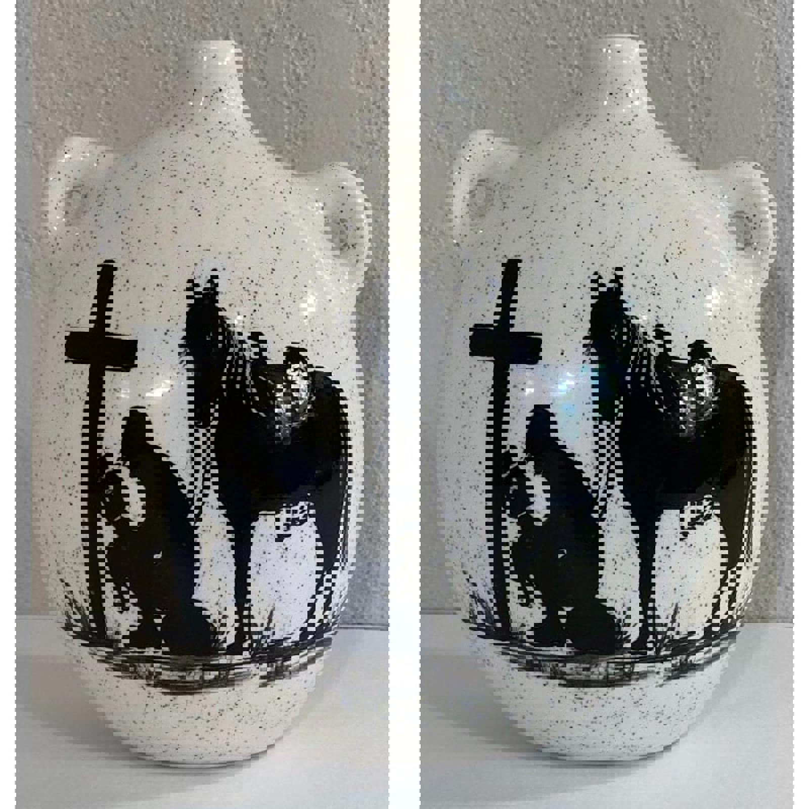 Cowboy Kneeling at Cross Western Horse Praying Religious Faith Pottery Vase