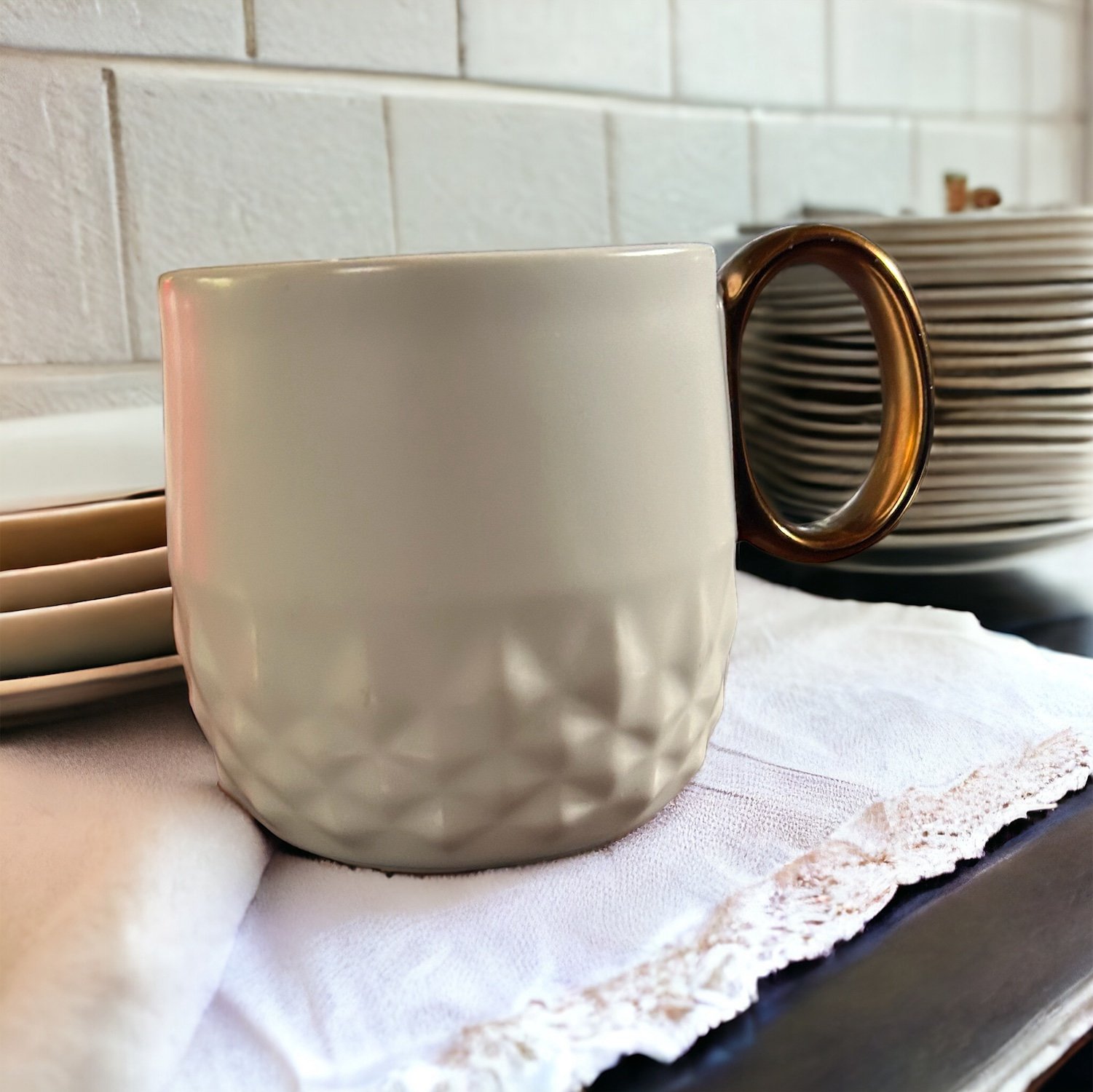 Starbucks Coffee Cup/Mug White With Gold Handle Diamond Bumps Pionted