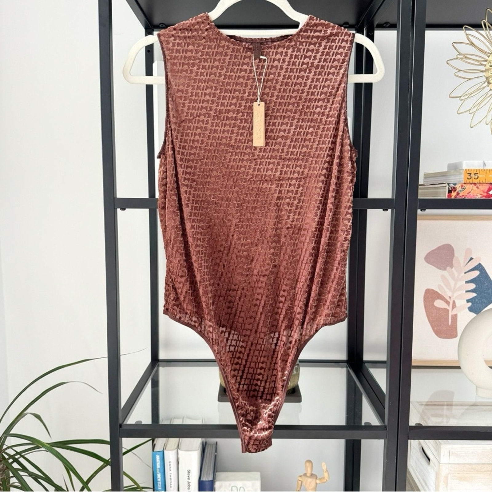 Skims Chestnut Brown Logo Allover Velvet Mesh Sleeveless Bodysuit Women’s XL