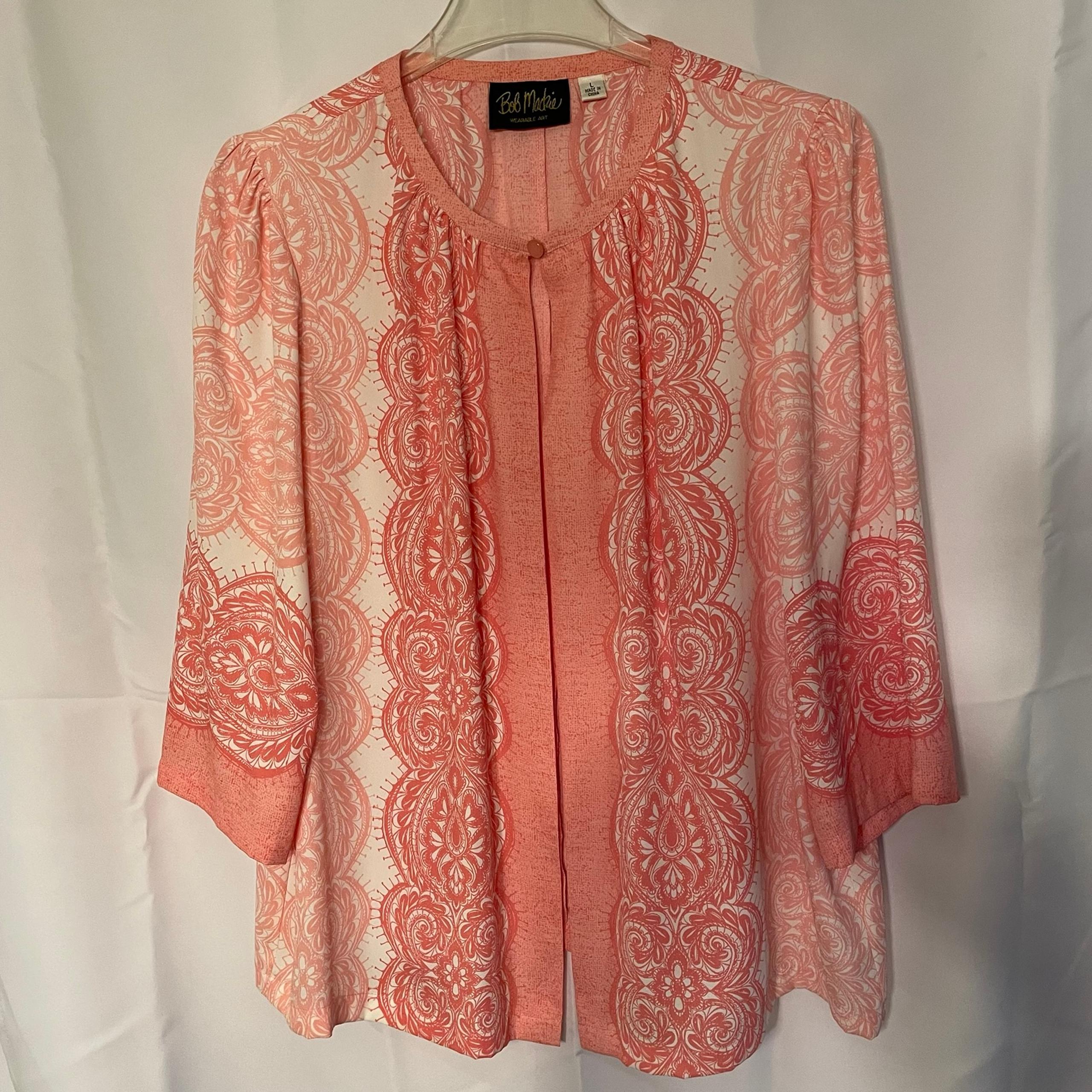 Bob Mackie tunic cardigan, open front top button, size large feather design