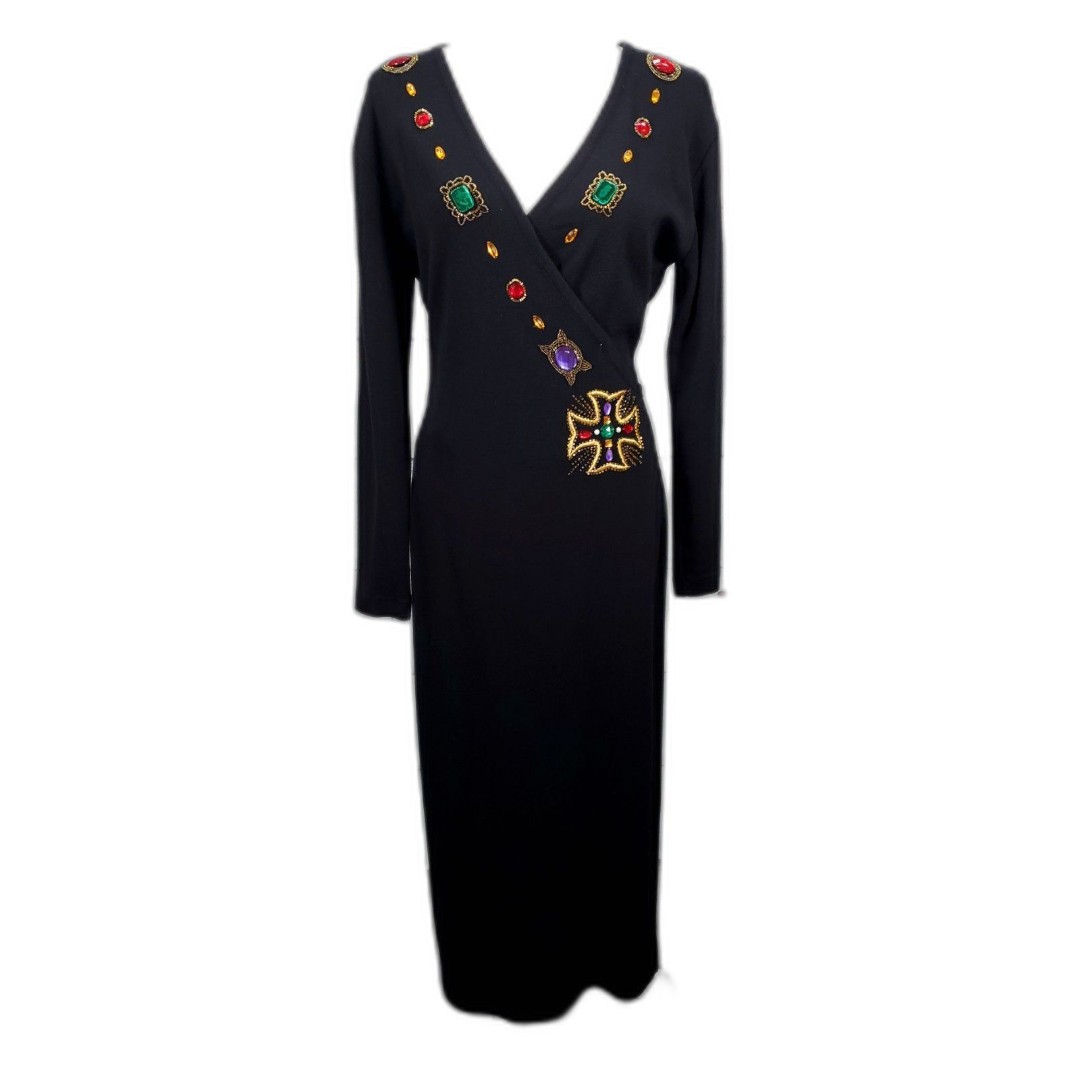 Vintage Lauren Alexandra Black Hand Beaded Plunge V-Neck Long Fitted Dress SZ M
