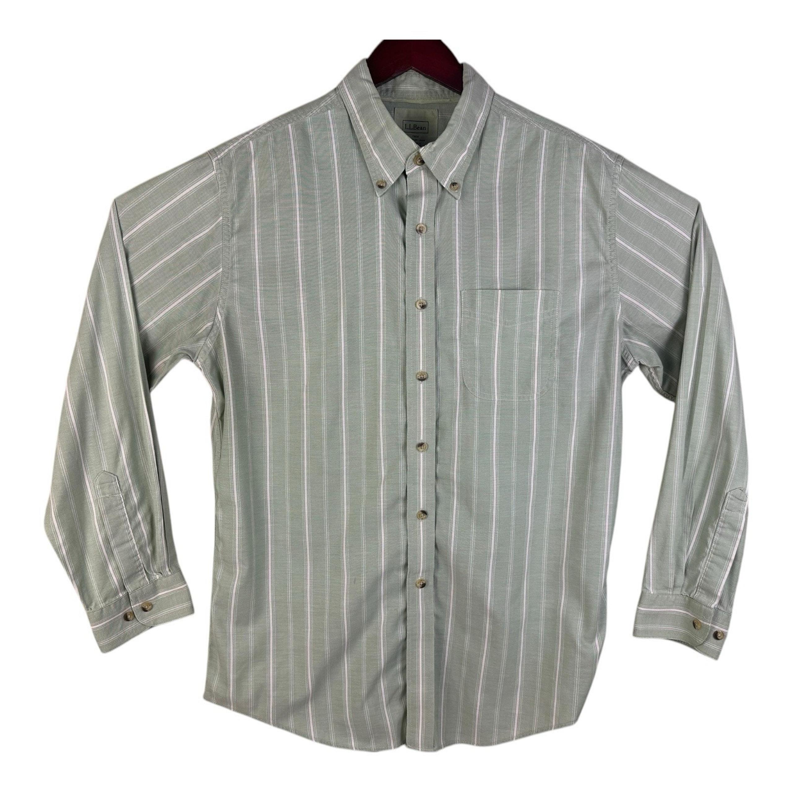LL Bean Trim Shirt Mens L Green White Striped Button Long Sleeve Casual Career