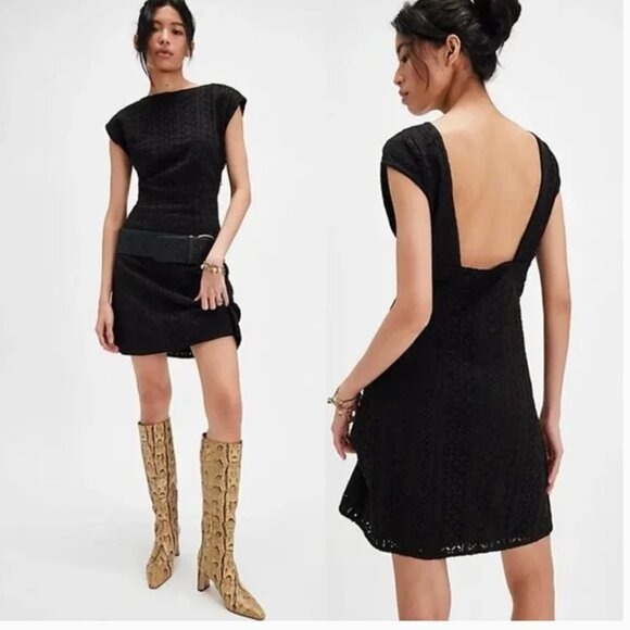 NWOT Free People Remember Me Eyelet Mini Cotton Dress Black