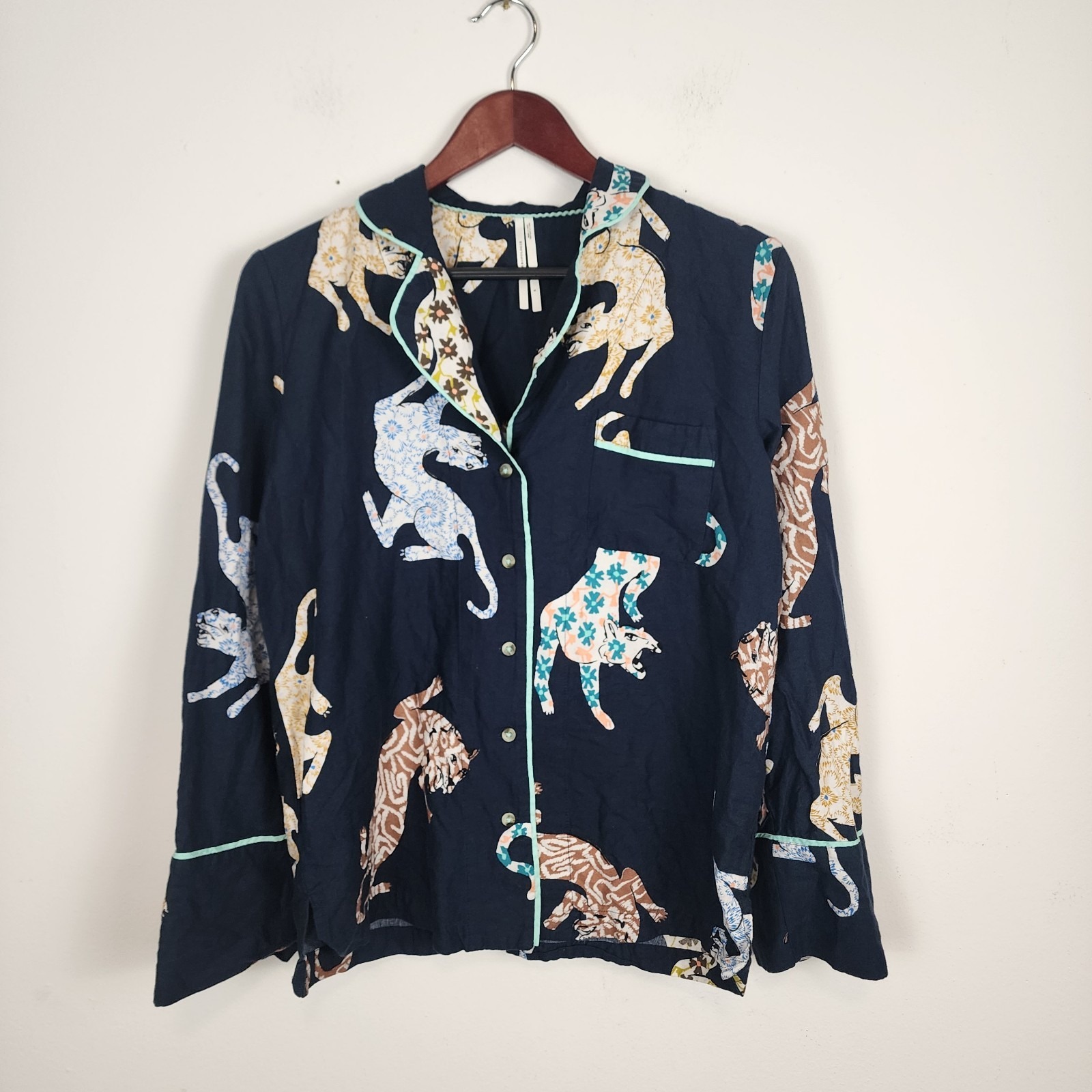 Anthropologie Leopard Print Flannel Button Front Navy Blue Pajama Top Small