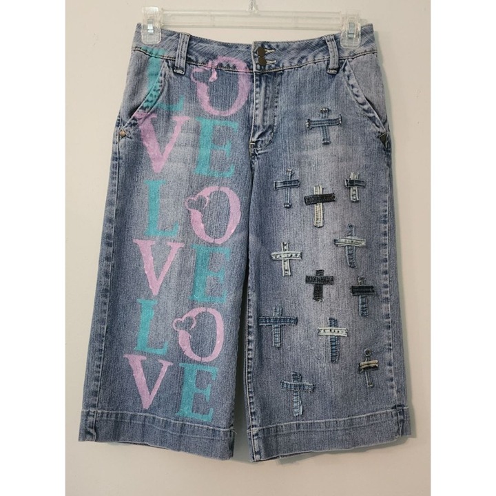 Upcycled Cross Love denim capri jeans cato wide leg unique distressed handmade s